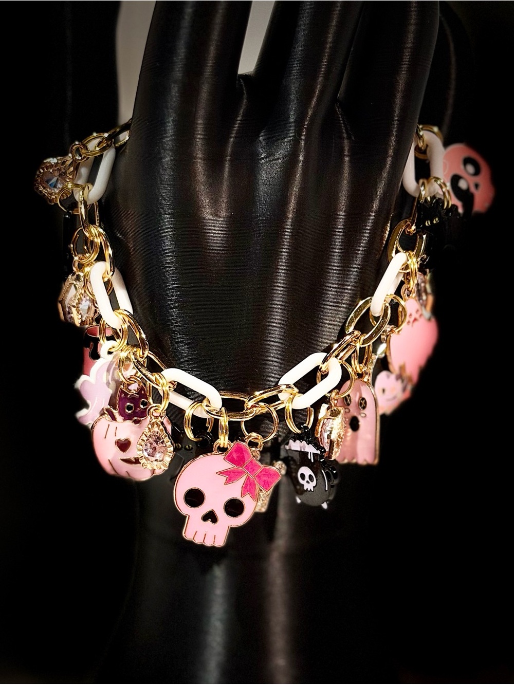 Pink Skull Halloween Charm Bracelet - Women's Gold Chain Charm Bracelet